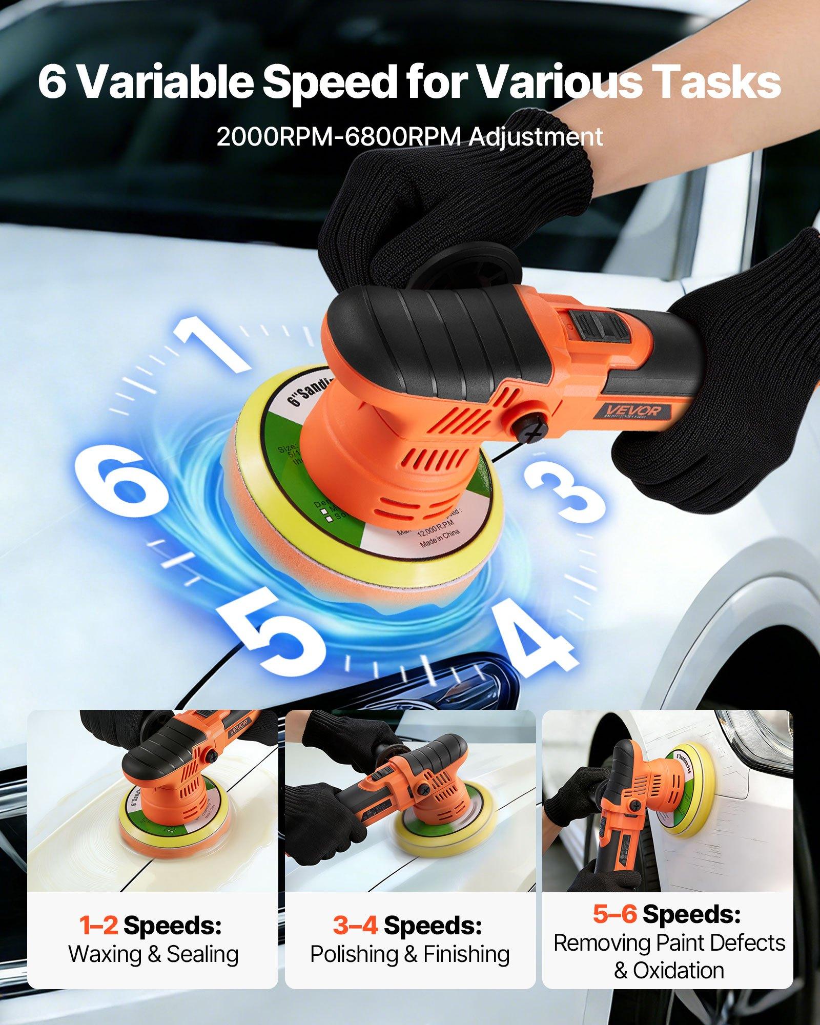 VEVOR Car Buffer Polisher, 6-Inch Dual Action Polisher Buffer Waxer, 650W 6 Variable Speeds 2000-6800RPM Random Orbital Polisher Kit for Cars Detailing, Waxing, Polishing