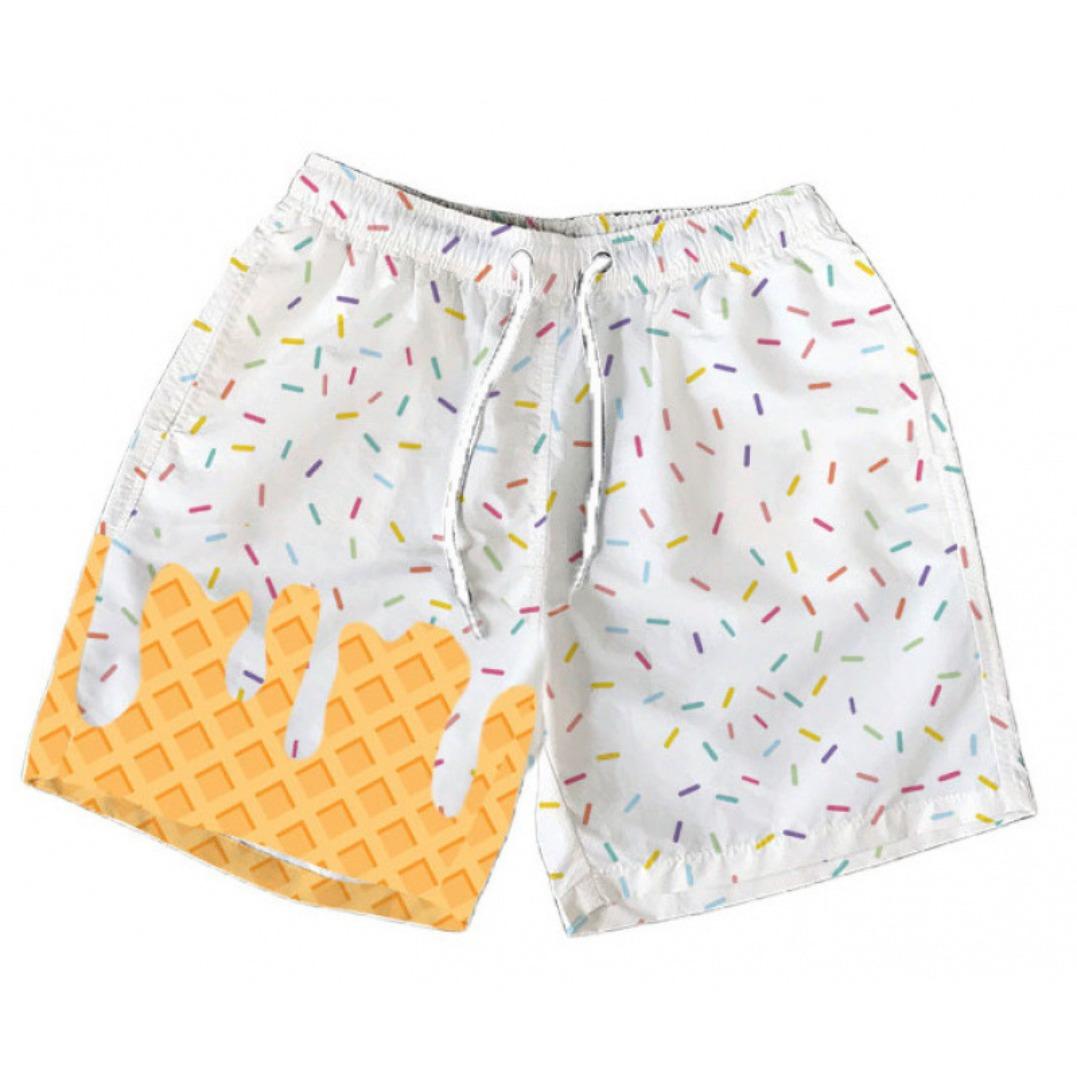 Polyester breathable 3D printed ice cream beach shorts, summer vacation loose surfing shorts, unisex fun casual sports shorts