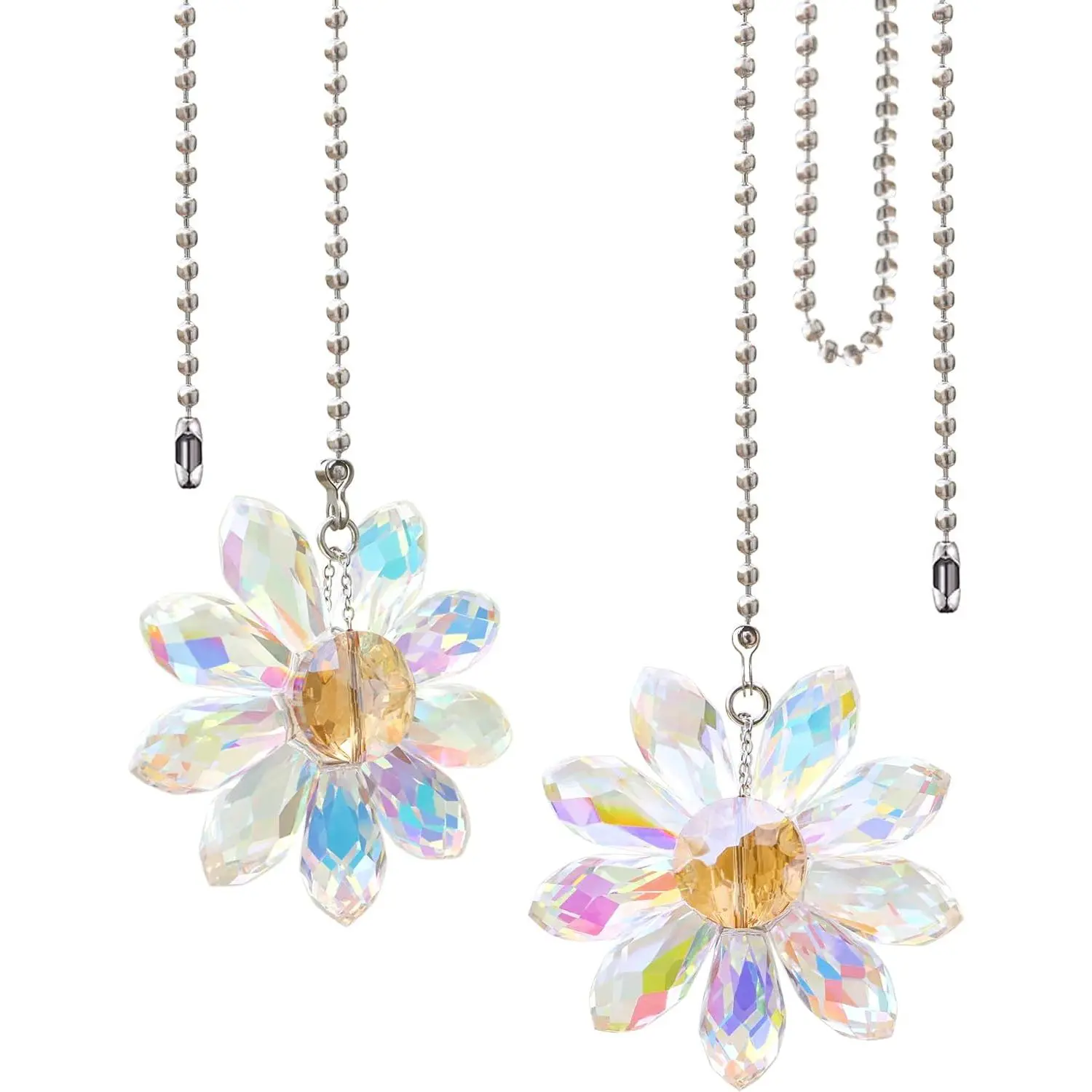 Ceiling Fan Pull Chain, 2 count 1.8"  Glass Flower Pendants with 24" Ceiling Fan Chain Extender and Connector ( AB)