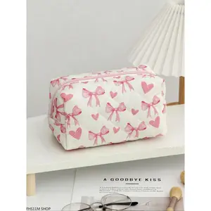 Bow & Heart Pattern Makeup Bag, Large Capacity Zipper Cosmetic Organizer Pouch, Versatile Storage Bag For Women Travel & Daily Use