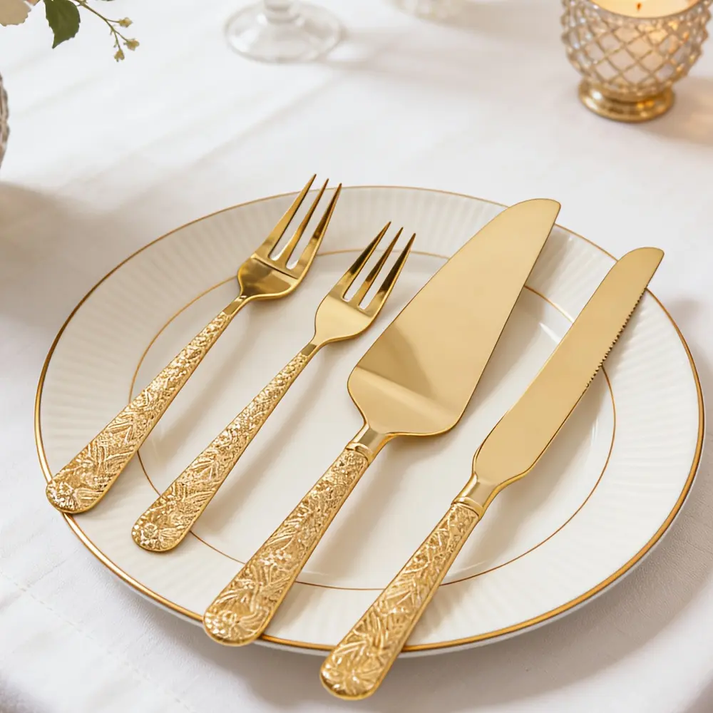 [PABHAN]4pcs Stainless Steel Wedding Cake Knife and Fork Set, Suitable for Spreading Jam, Perfectly Paired with Cheese, Cakes, Desserts, Sandwiches, and Steak Pasta. Rose-handled Cake Cutting Set, Suitable as a Gift for Weddings