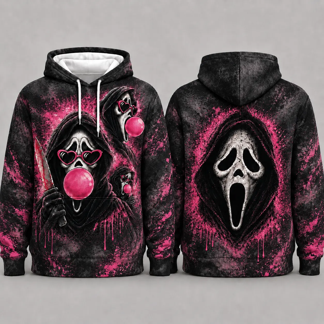 Spooky Pullover Hoodie, Fun Horror Villain Graphic Sweatshirt, Splatter Drip Art Halloween Casual Top, Multiple Color Options,Trendy Fall Sweatshirt For Horror Enthusiasts # FunHorrorStyle # HalloweenPullover