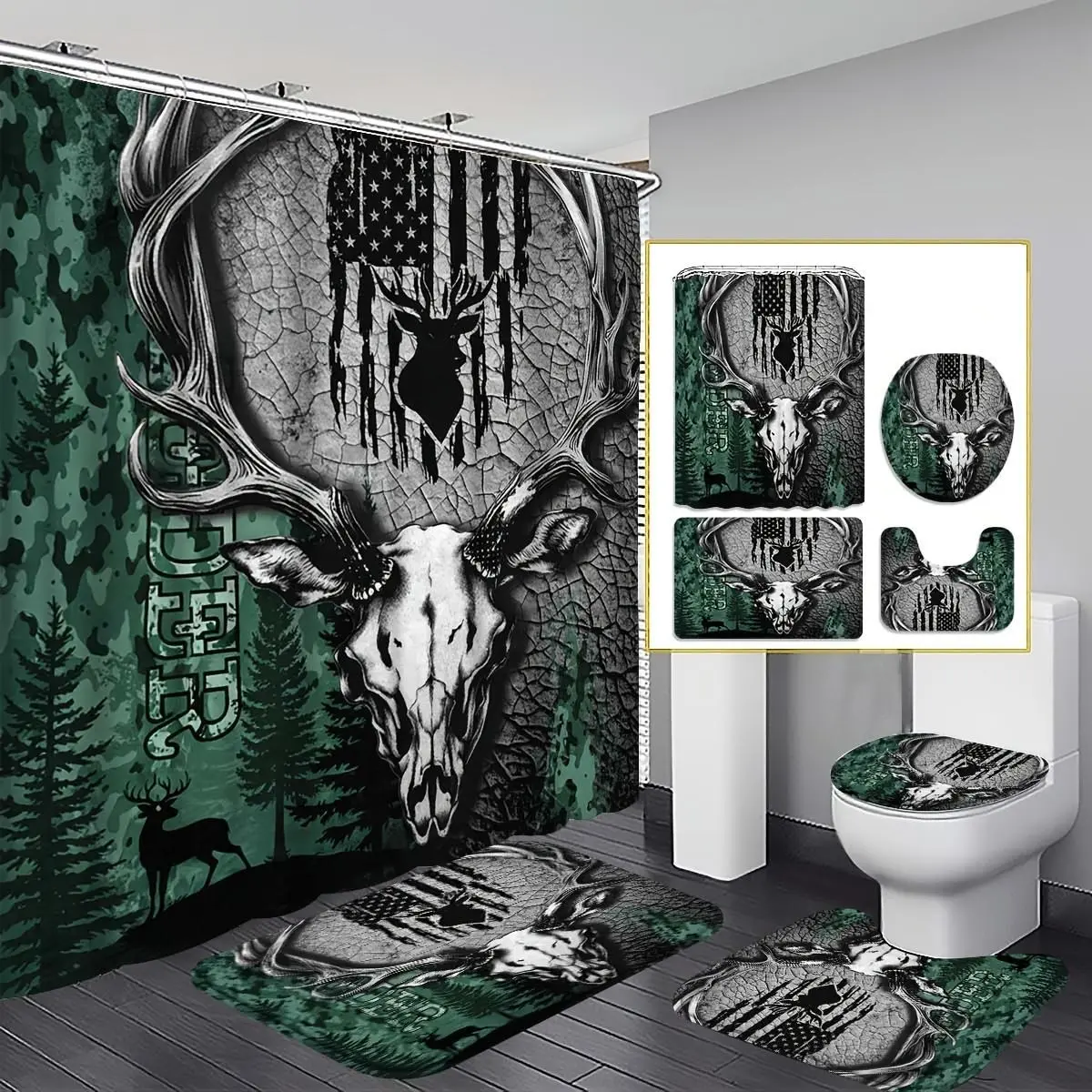 4-Piece outdoor hunting shower curtain set, green camouflage deer skull forest bathroom decoration, bathroom decorations include bathroom, U-shaped, toilet cover outdoor hunting, men's style, Rustic shower curtain