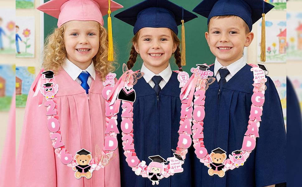 Kindergarten Graduation Leis Class of 2026 47.2 Inch Pink Double Braided Preschool Graduation Ribbon Leis for Kindergarten Graduate Boys Girls