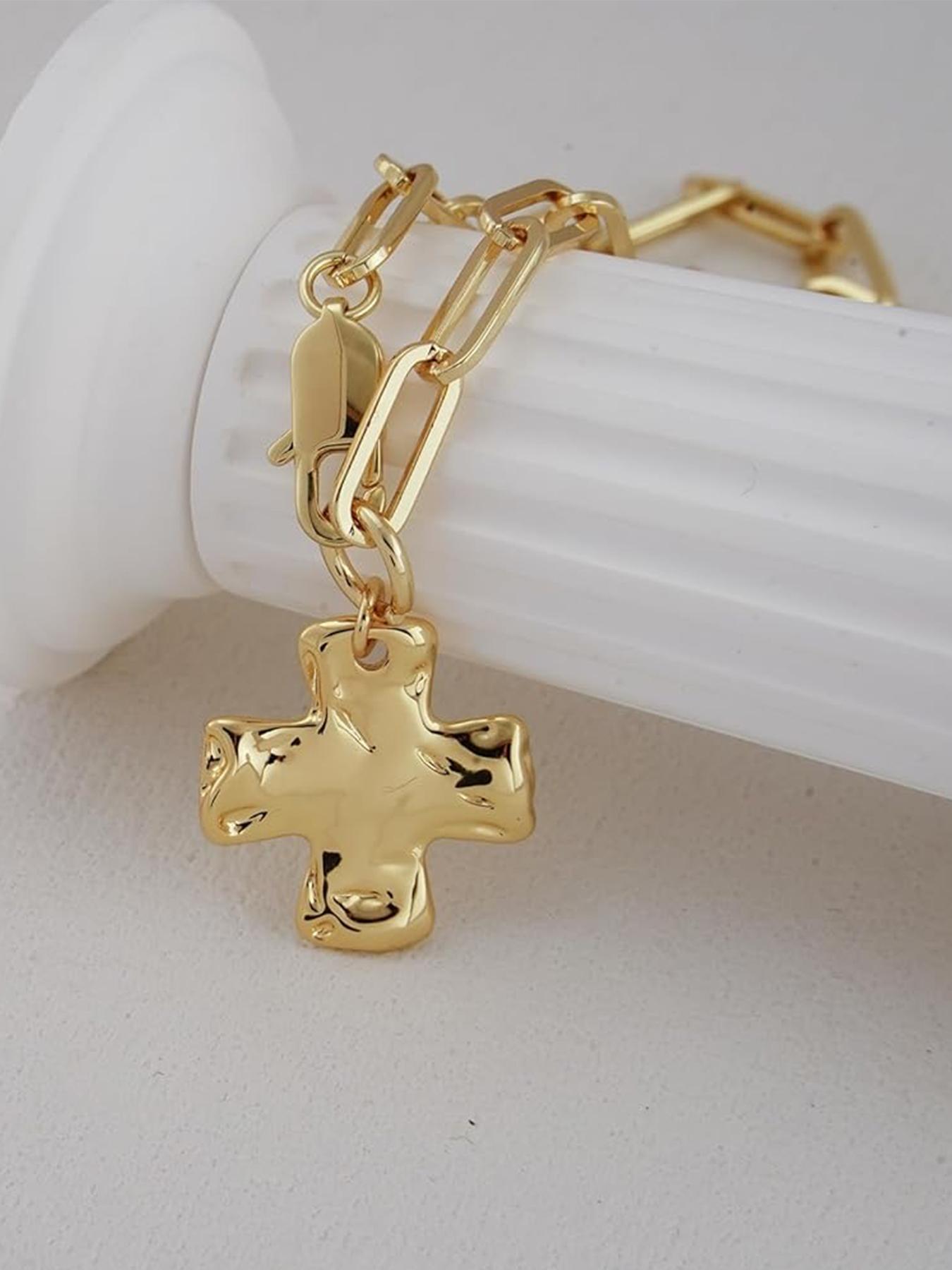 Chunky Cross Necklace for Women Trendy Gold Silver Layered Statement Cross Chain Design Pendant Charm Necklace Vintage Paperclip Herringbone Snake Choker Chain Costume Jewelry Set Gift Non Tarnish