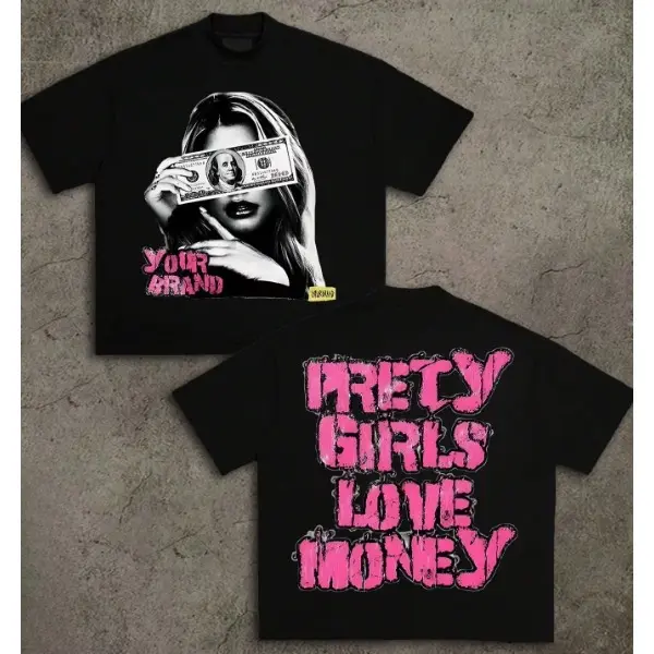 Single Side Print Black And White Bold Pink Quote T-Shirt Retro Money Accent Graphic Tee Casual Short Sleeve Shirt for Streetwear Fans Men Women