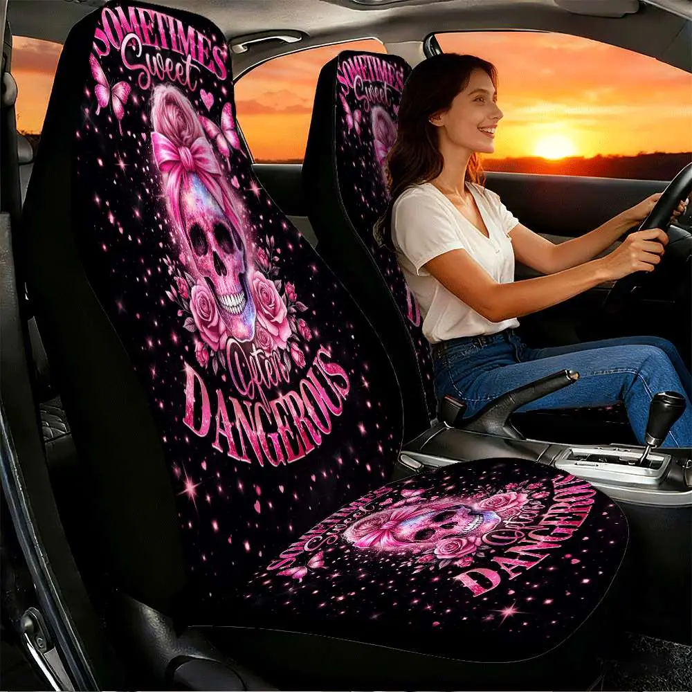 2pcs Pink Glitter Skull with Roses and Butterflies Car Seat Covers Suitable for Front Seats, High Back Design, Material, Suitable for Cars, SUVs and Trucks, Women's Car Accessories, Christmas Eve Scares, Halloween, Special Promotion Clearance.