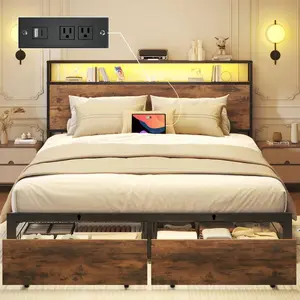 Queen & Full Bed Frame With Storage, 2-Tier Storage Headboard & Built-In Drawers, Metal Platform Bed With USB Charging Station & LED Lights, Noise Free, No Box Spring Needed, Easy Assembly,Retro Brown