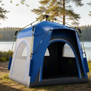 ARCH 4 Person Pop Up Camping Tent Instant Setup Automatic Hydraulic Family Tent with Windows Doors Carry Bag Waterproof Polyester Blue for Spring Summer Fall Outdoor Camping Hiking Travel, Blue Color Options, Polyester Material, Product Dimensions: