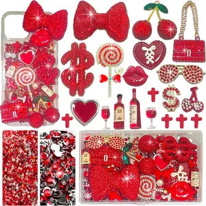 Red Junk Case Charms Kit, Junks Phone Cases With Rhinestone Accessories And Full Diamond Bow Bag Lollipop Cherry Dollar Sign Resin Kits With DIY Phones Decorations