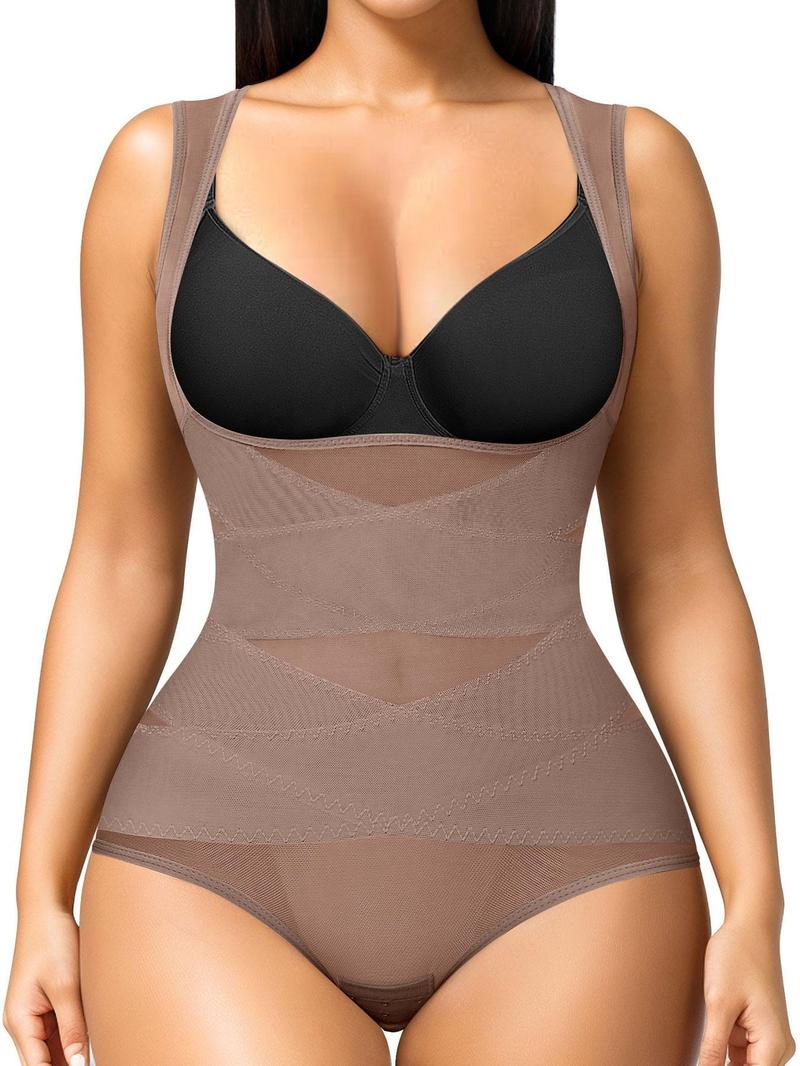 Women's Solid Color Open Bust Mesh High Waisted Shapewear Bodysuit, Breathable Comfortable Tummy Control Shaper, Ladies Shapewear for All Seasons
