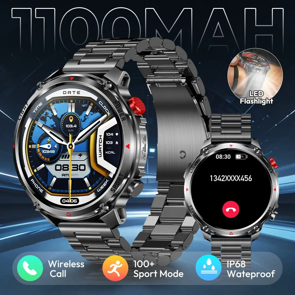 Multifunctional Smartwatch: 1100mAh High-Capacity Battery (Ultra-Long Life), 1.7" HD Display, IP68 Waterproof, Outdoor Compass, Wireless Calling, Notification Alerts, LED Flashlight, 100+ Sports Modes; Compatible with iPhone & Android. Men's Watch