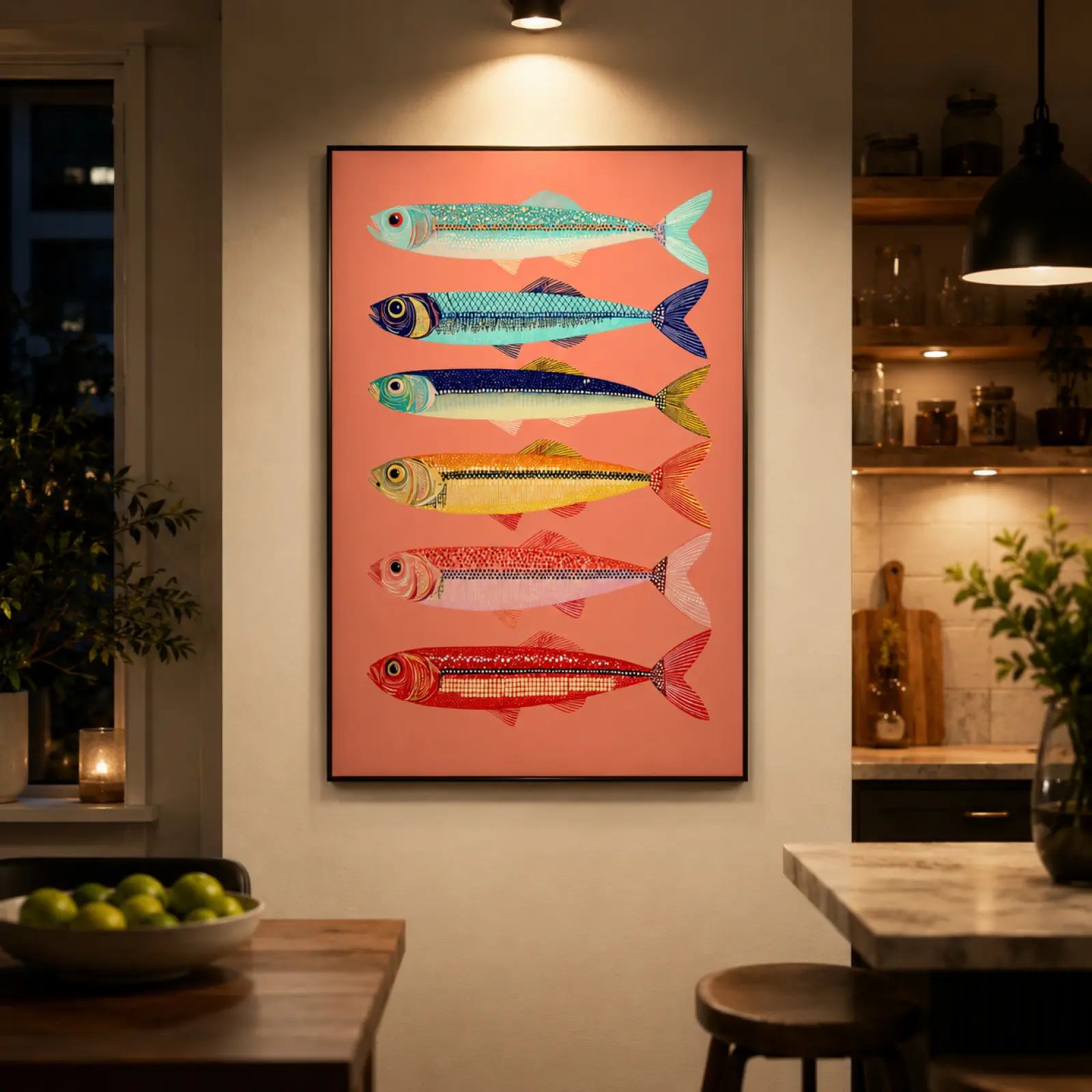 Sardines Wall Art, Colorful Fish Artwork, Vintage Kitchen Decor, Coastal Food Print, Mediterranean Fish Poster, Retro Culinary Wall Art, Coastal Kitchen Decor, Seafood Lover Gift, Aesthetic Room Decor, Framed Canvas Print, Viral TikTok Wall Art