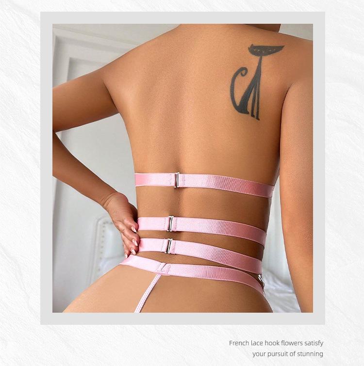 lingerie sets for women sexy [aceLingerie Set, Sexy Pink] 4pcs SexyLace Lingerie Set -Women's KnitFabric Underwear with Garter Belt andThigh Band, Hollow Spaghetti StrapDesign, 95% Polyester 5% Elastane,All-Season Solid Color, 90g/m Womenswear Comfort