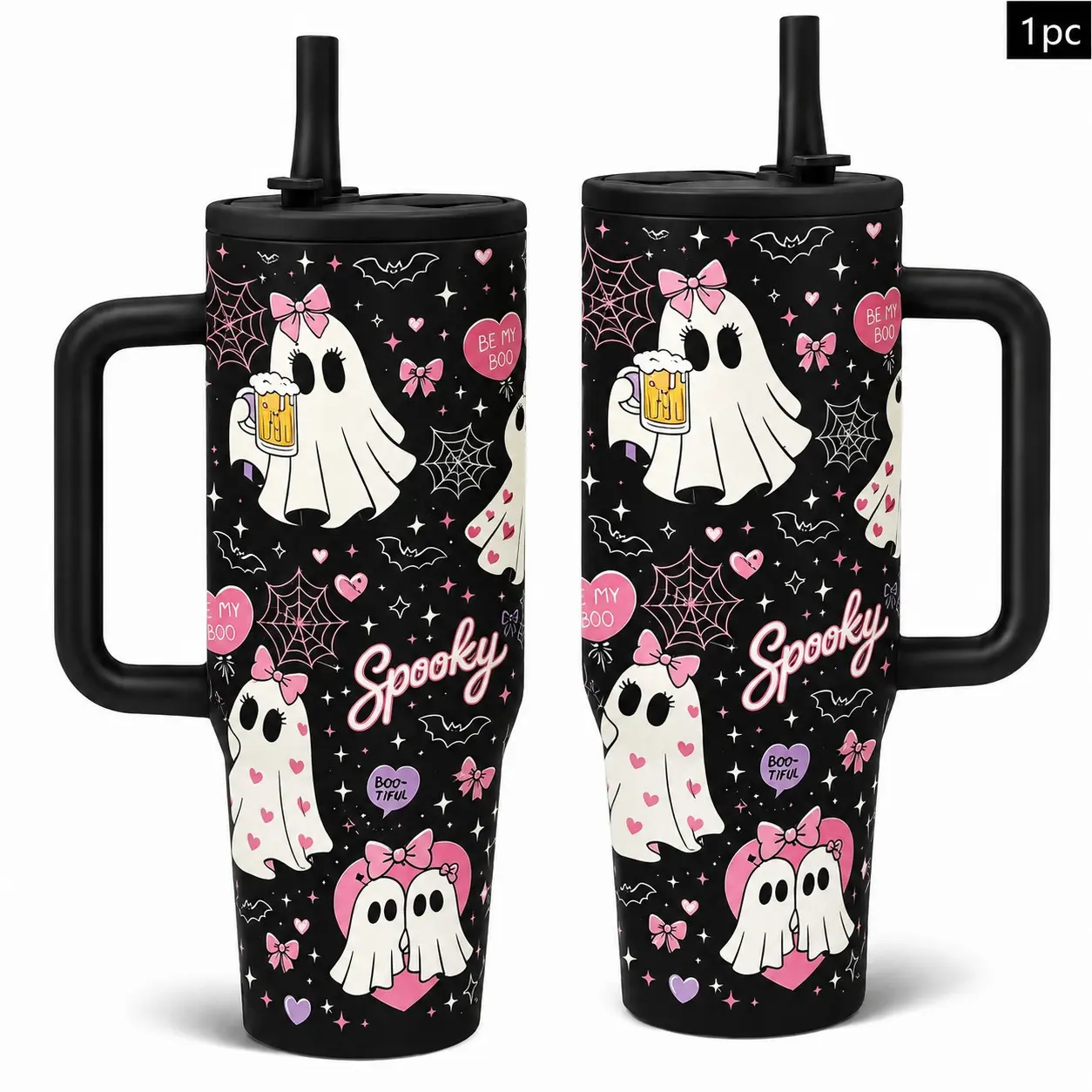 1PC 40oz Cute Ghost Bow Spider Web Bat Pattern Insulated Tumbler with Handle & Lid, Double Wall Vacuum Leak-Proof Travel Mug, Hot 12H Cold 24H, Large Capacity Cup for Men Women, Halloween Birthday Gift