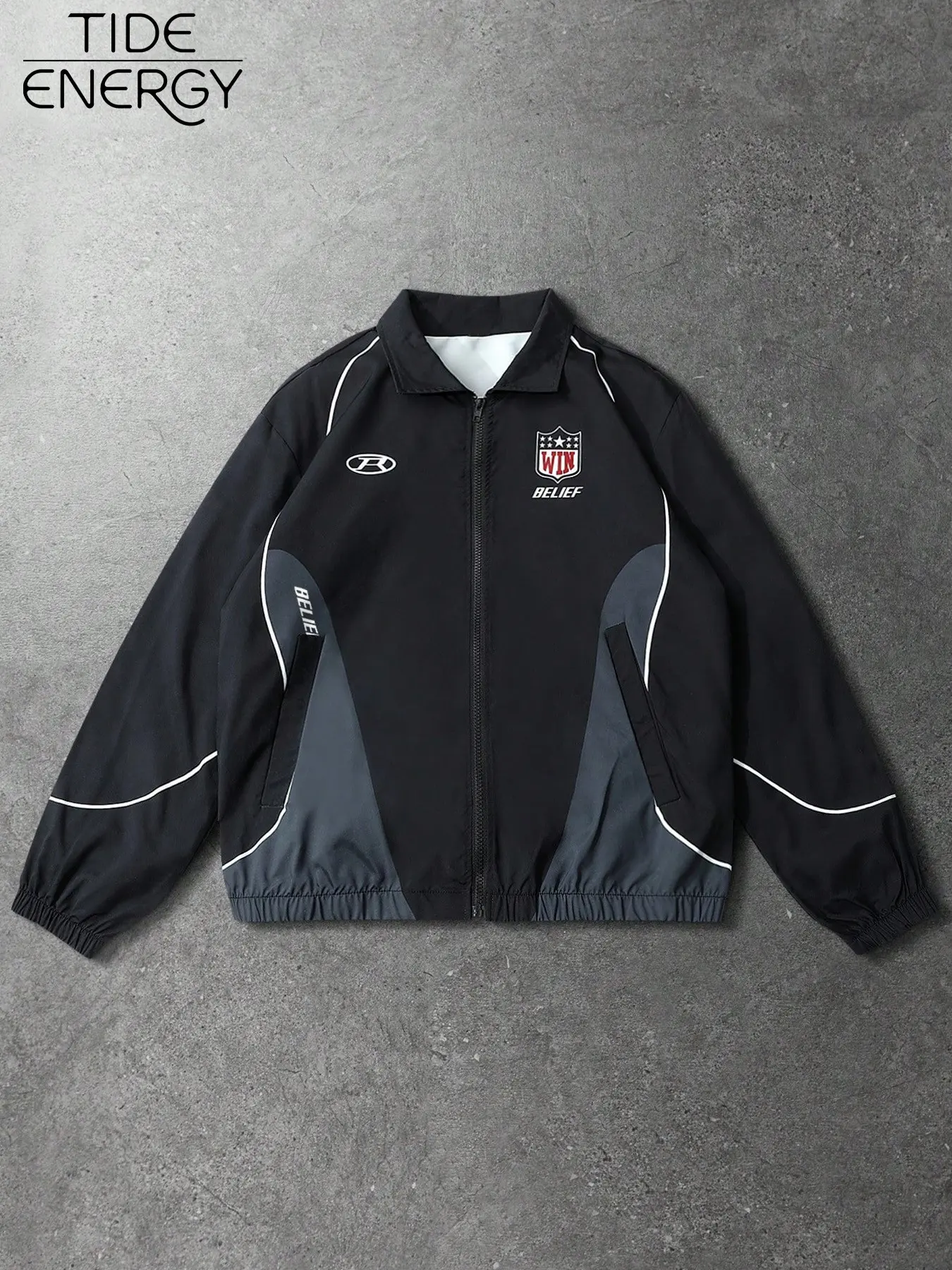Y2K Retro Sport Jacket, Smooth Wrinkle-Resistant Fabric, Rugby Shield Patch, Belief Letter Print, Windproof, Casual Outerwear for Campus & Coffee Shops, Casual Sports Jacket