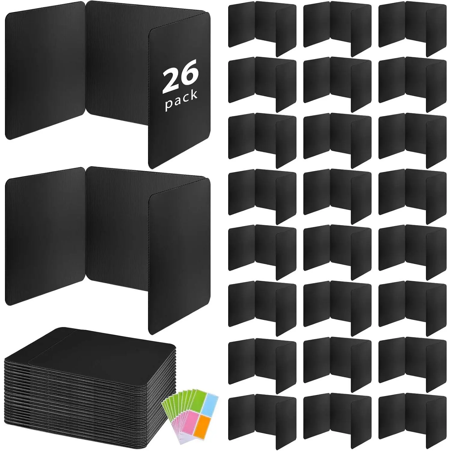 26 Pack Black Desk Dividers with Labels for Students, Waterproof Plastic Study Carrel Dividers, Privacy Classroom Shield Folder Boards Desk for Classroom Teacher Supplies Test Divider