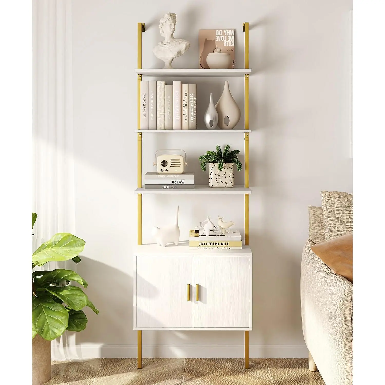 73" Tall Bookshelf with Cabinet, Industrial Ladder Wall Mount Shelf Bookcase with  and Metal Frame,  Shelf Wall Storage Display for Living Room Bedroom, White