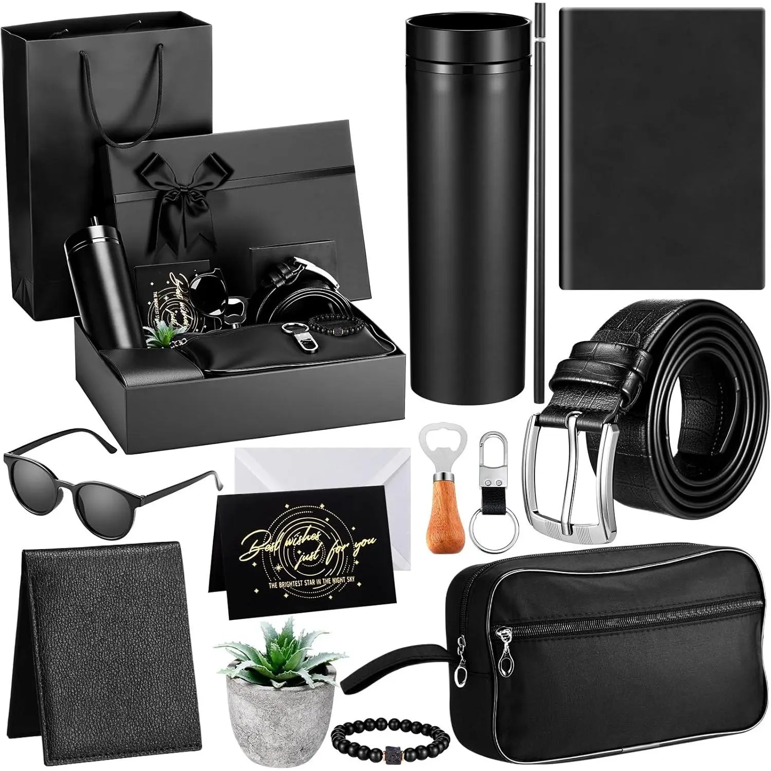 Skylety 12 Pcs Father Gift Basket for Men Birthday Gift Set 16 oz Tumbler Wallet Toiletry Bag Notebook Belt Thank You Present for Father Day Him Dad Husband(Cute Boy)