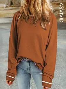 Women's Basic Plain Contrast Binding Waffle Knit Top, Casual Raglan Sleeve Round Neck Top for Fall & Winter, Fashion Ladies' Knitwear for Daily Wear Piece