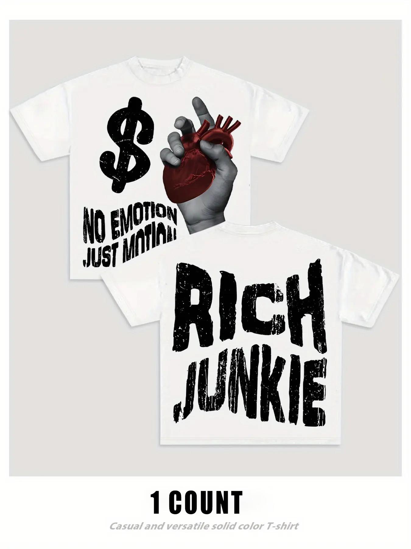 Men's Cartoon Hand & Rich Junkie Print Round Neck Tee, Loose Casual Fashion Short Sleeve T-shirt for Summer, Men's Top for Daily Wear, Tropical, Casual Streetwear