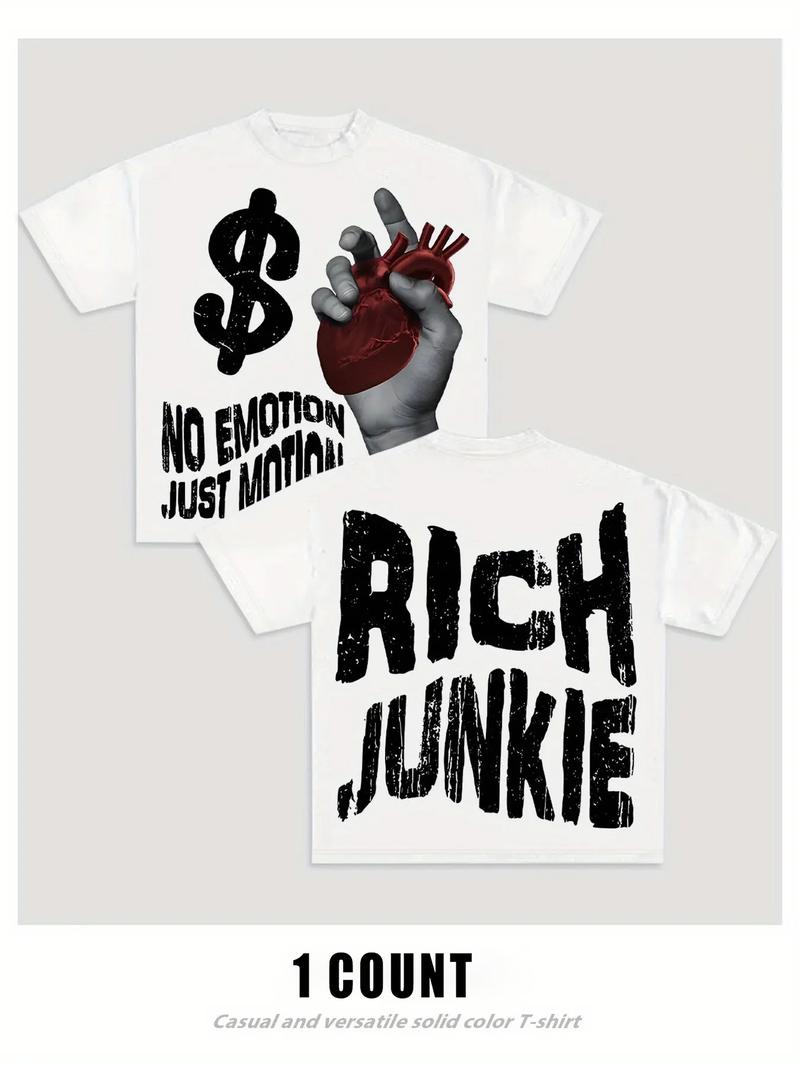 Men's Cartoon Hand & Rich Junkie Print Round Neck Tee, Loose Casual Fashion Short Sleeve T-shirt for Summer, Men's Top for Daily Wear, Tropical, Casual Streetwear