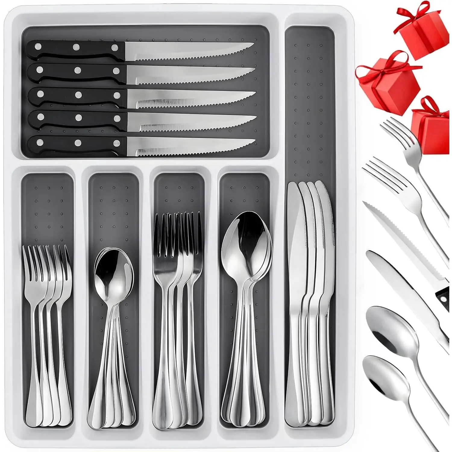 49 Piece Silverware Set with Organizer - Stainless Steel Cutlery Set for 8, Mirror Finished Flatware Spoons and Forks with Steak Knives, Dishwasher Safe, Rust-proof