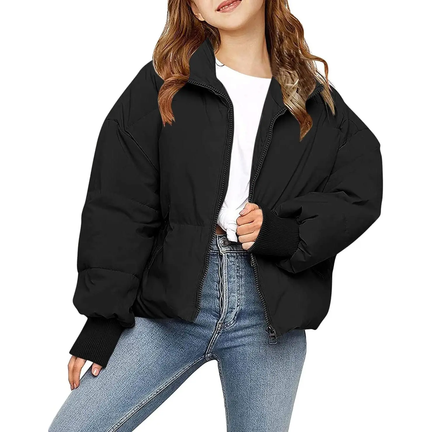 Girls Winter Long Sleeve Zip Puffer Jacket Kids Baggy Short Down Coats