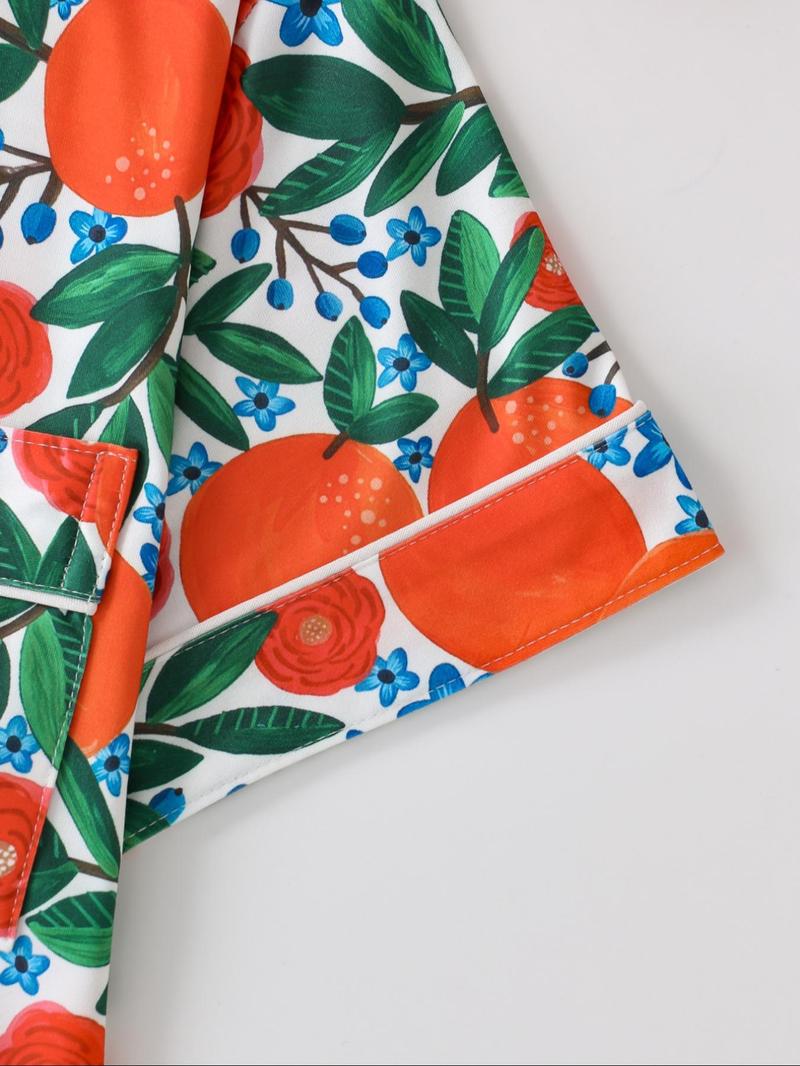 Women's All Over Print Pajamas Set, Button-up Short Sleeve Top & Elastic Shorts, Comfortable Summer Loungewear, Lady Elegant Nightwear, Womenswear, Casual Pajama Sets