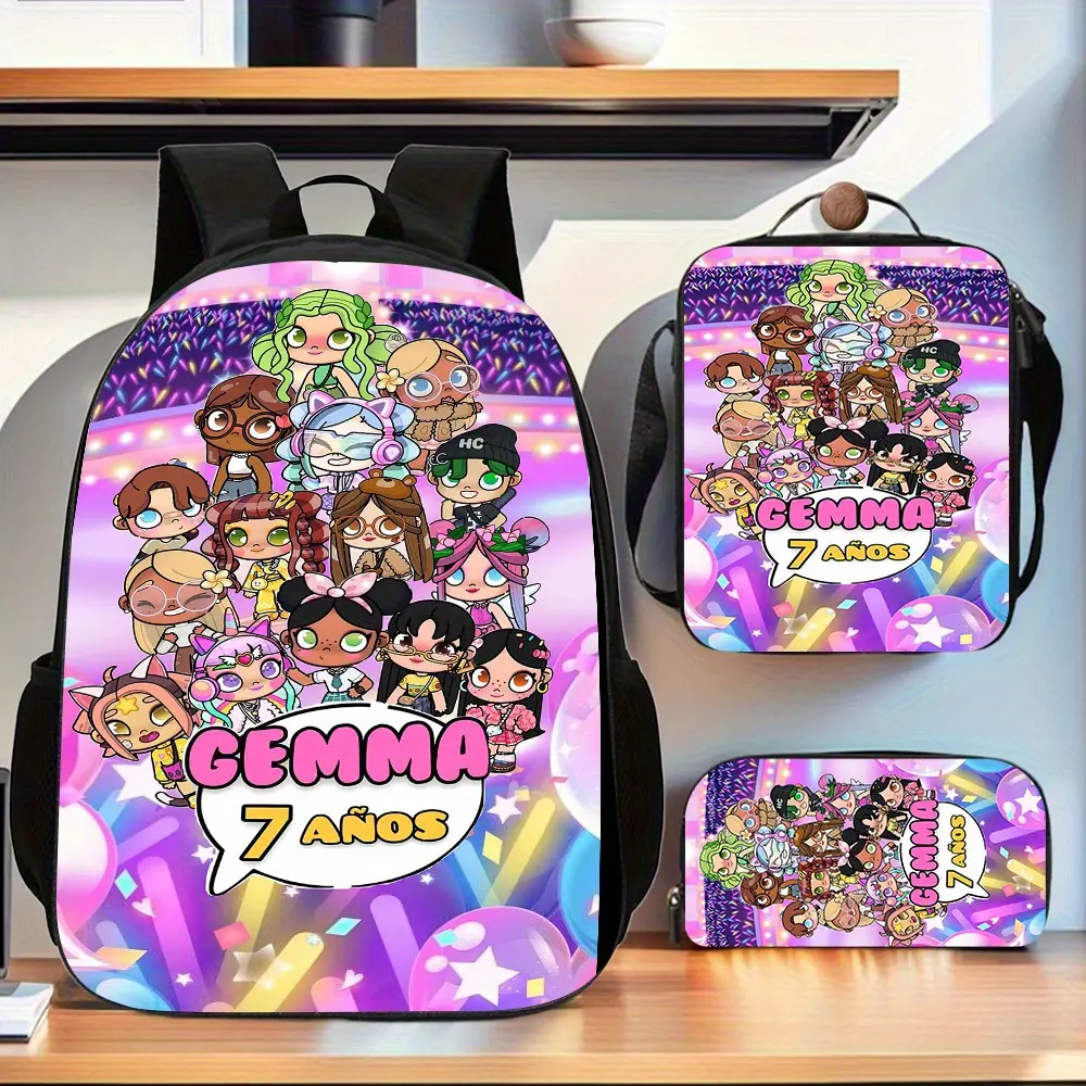 Avatar World Girl Idol Graphic 3-Piece Synthetic Backpack Set - Zip Closure, Matching Lunch Bag & Pencil Case, Durable Cartoon Design, Back to School Haul & Casual Campus Use School Supplies