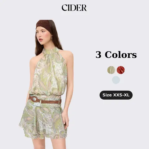 Cider Chiffon Paisley Halter Neckline Shirred Layered Mini Dress