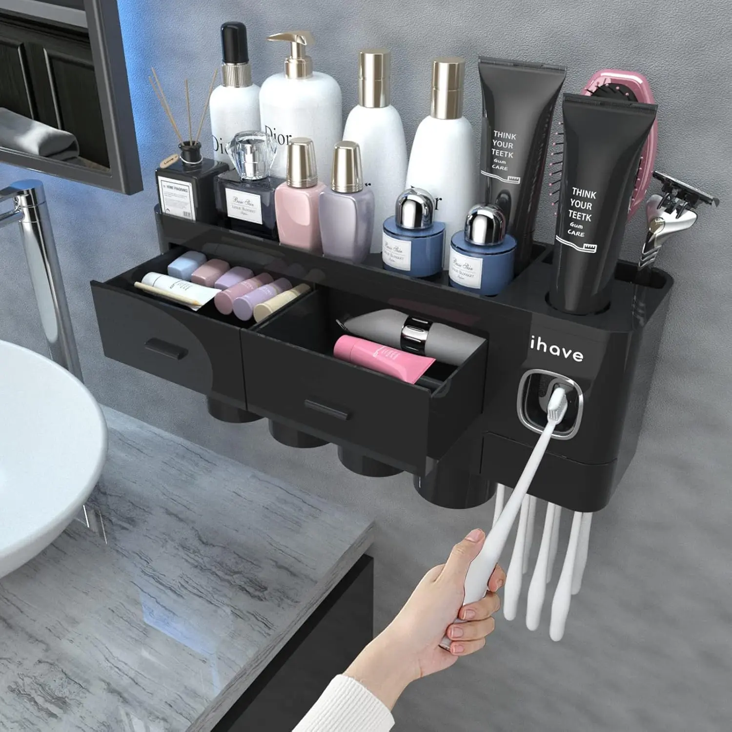 Modern Plastic Composite Wall-Mounted Toothbrush Holder with No-Drill Installation, Toothpaste Dispenser, 4 Cups, 7 Waterproof Slots, Large Tray & Drawer for Bathroom Item Organization