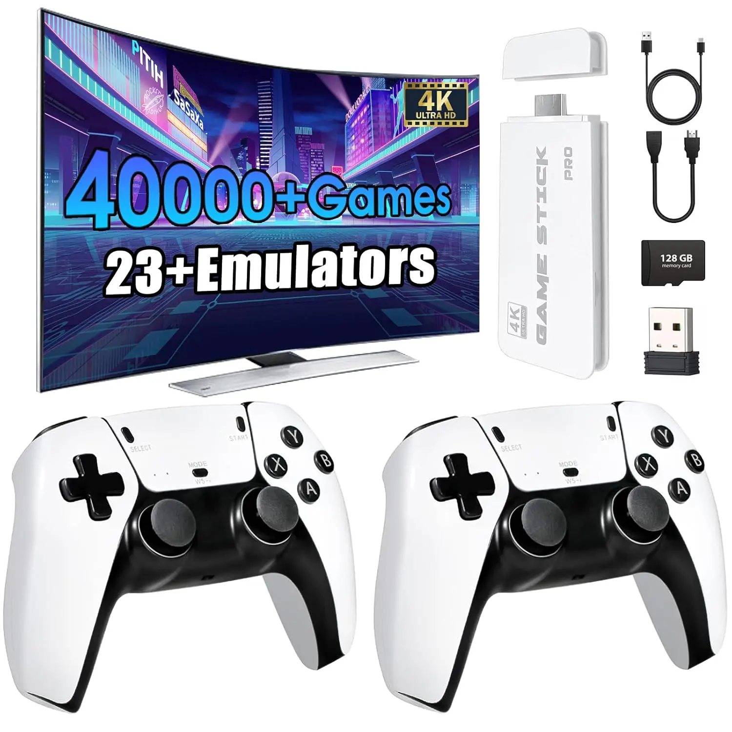 2026 New Retro Gaming Console with 40,000+ Video Games, 23 Emulators, 128GB Game Stick 4K 40,000 Games, Dual 2.4G Wireless Controllers, Plug & Play Game Stick White