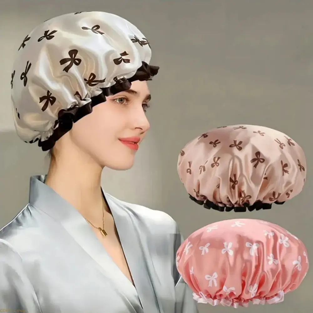 Waterproof Shower Cap for Women, Stylish Leaf Print Double Layer Reusable Bath Cap with Adjustable Band for a Secure Fit, Showercap