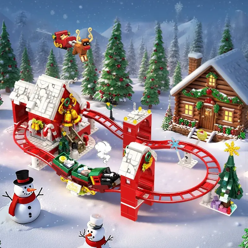 964 Pieces Christmas Train Building Blocks Set, Rail Car Building Block Toys, Christmas House Building Blocks, Creative Decorative Christmas Gifts, Bricks