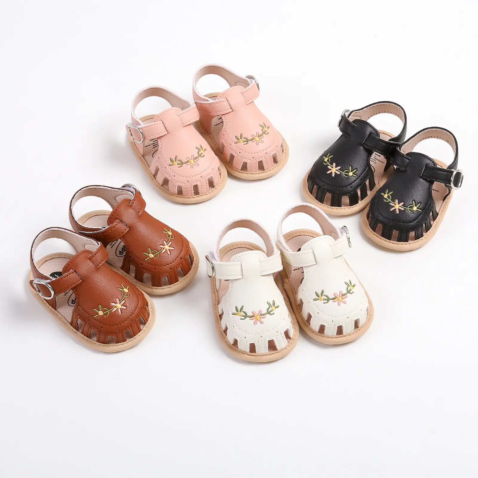 Infant Baby Girls PU Leather Sandals Newborn Embroidered Flower Non-Slip Soft Sole Kids Prewalker First Crib Shoes Breathable Summer Outdoor Beach Flats
