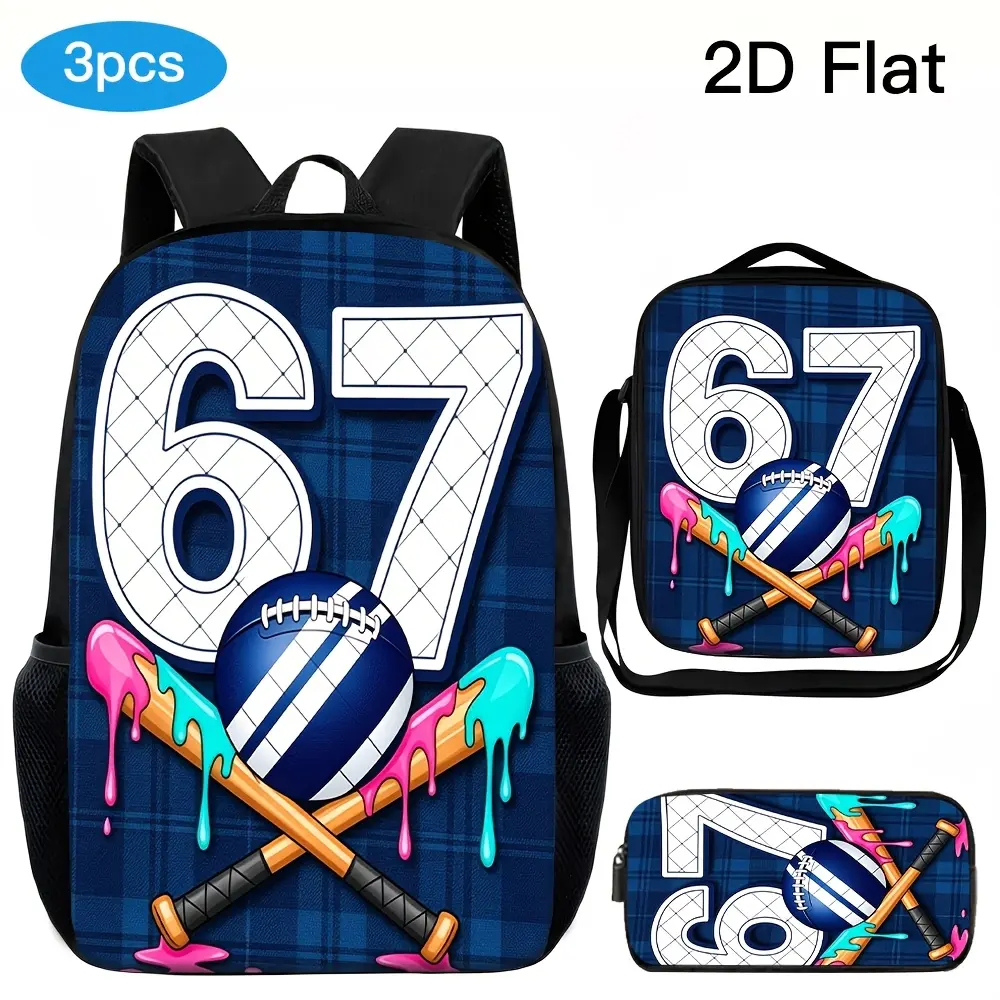 3pcs Unisex Large-capacity Backpack Set, Sporty and Trendy Cool Style, Blue Plaid with "67" Number and Baseball Bat Pattern, 2D Printed Design, Adjustable Shoulder Straps, Zipper Closure, Multifunctional Portable Fashionable Backpack, Crossbody Bag