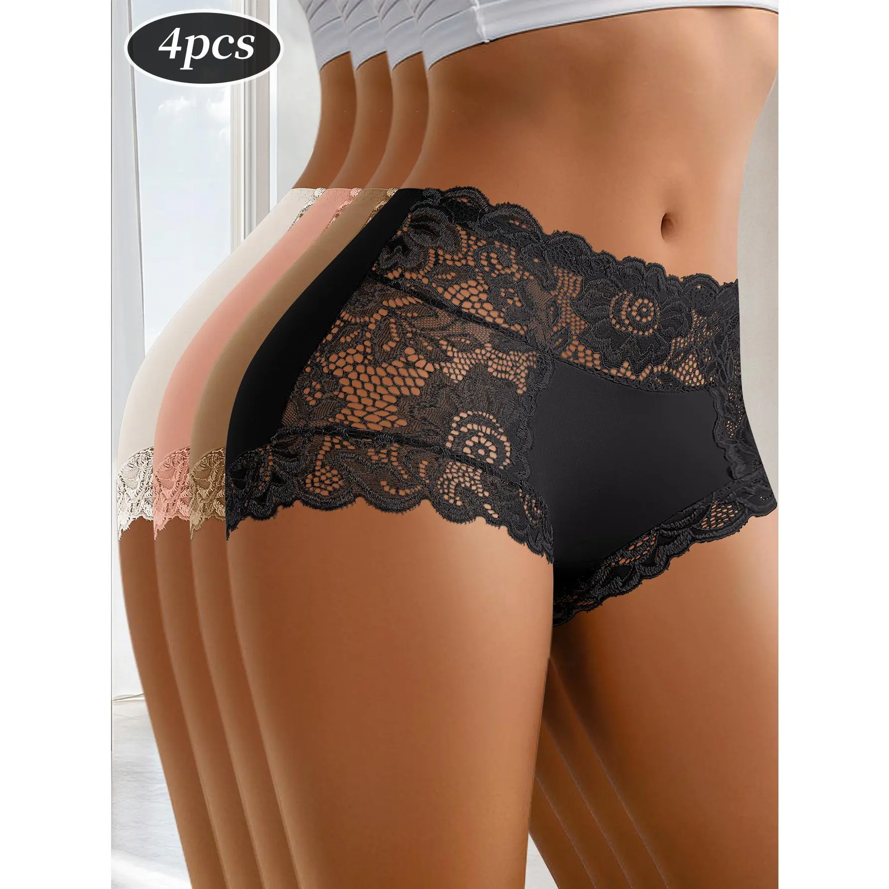 QUASTI Women's 4-Pack High Waist Floral Lace Panties, Soft Stretch No Show Full Coverage Solid Color Daily Briefs, Skin-Friendly Smooth Summer Daily Wear, S-XXL Womenswear Polyester