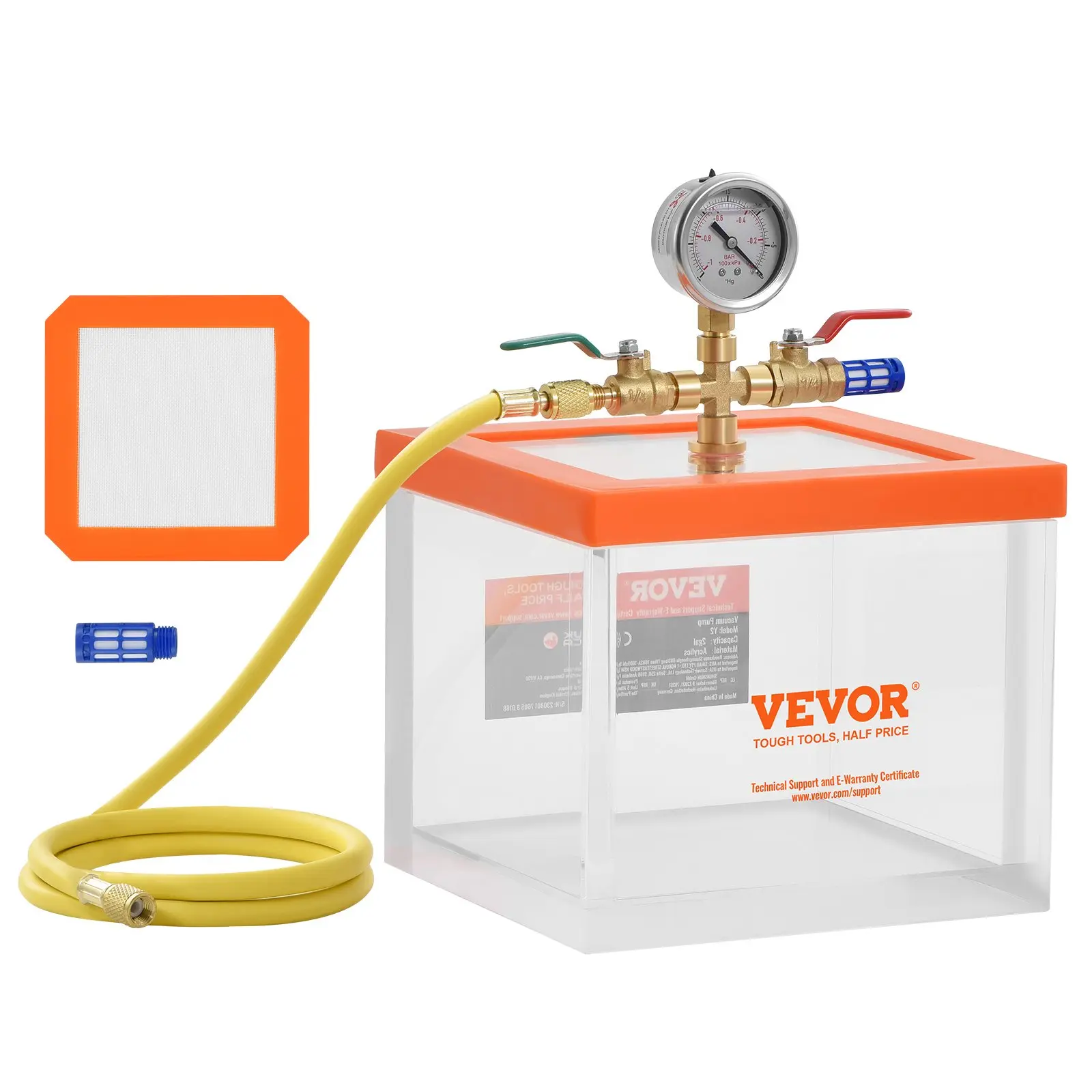 【Summerfinds】VEVOR 2 Gal Thick Acrylic Vacuum Chamber, Upgraded Multipurpose Transparent Hand Tool with Ball Valves, -29inhg Muffler Y2 for Resin Degassing, Vacuum Extraction, Flexible Hose