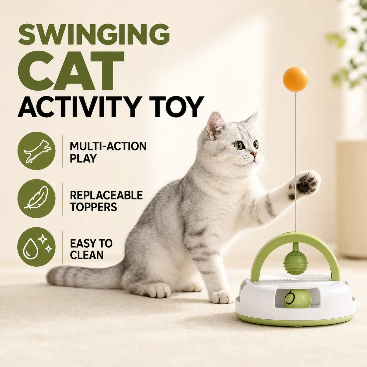 Automatic Cat Toy, Feather Ping Pong Interactive Design, Replaceable Catnip Ball, Indoor Cat Entertainment, Anti-Slip Stable Base
