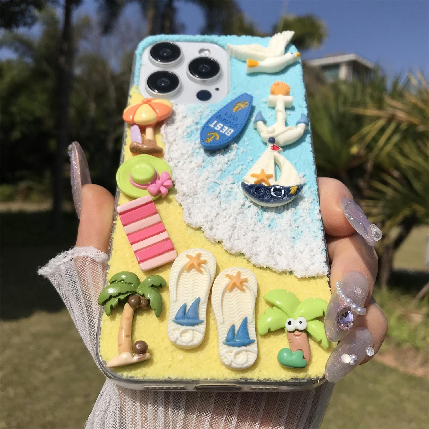 Handmade Beach Sailboat Sun Chair Coconut Tree Seagull Aesthetic Protective Smartphone Case for iPhone 17 16 15 14 13 12 11 Pro Max, Soft Tpu Anti-Slip Back Cover
