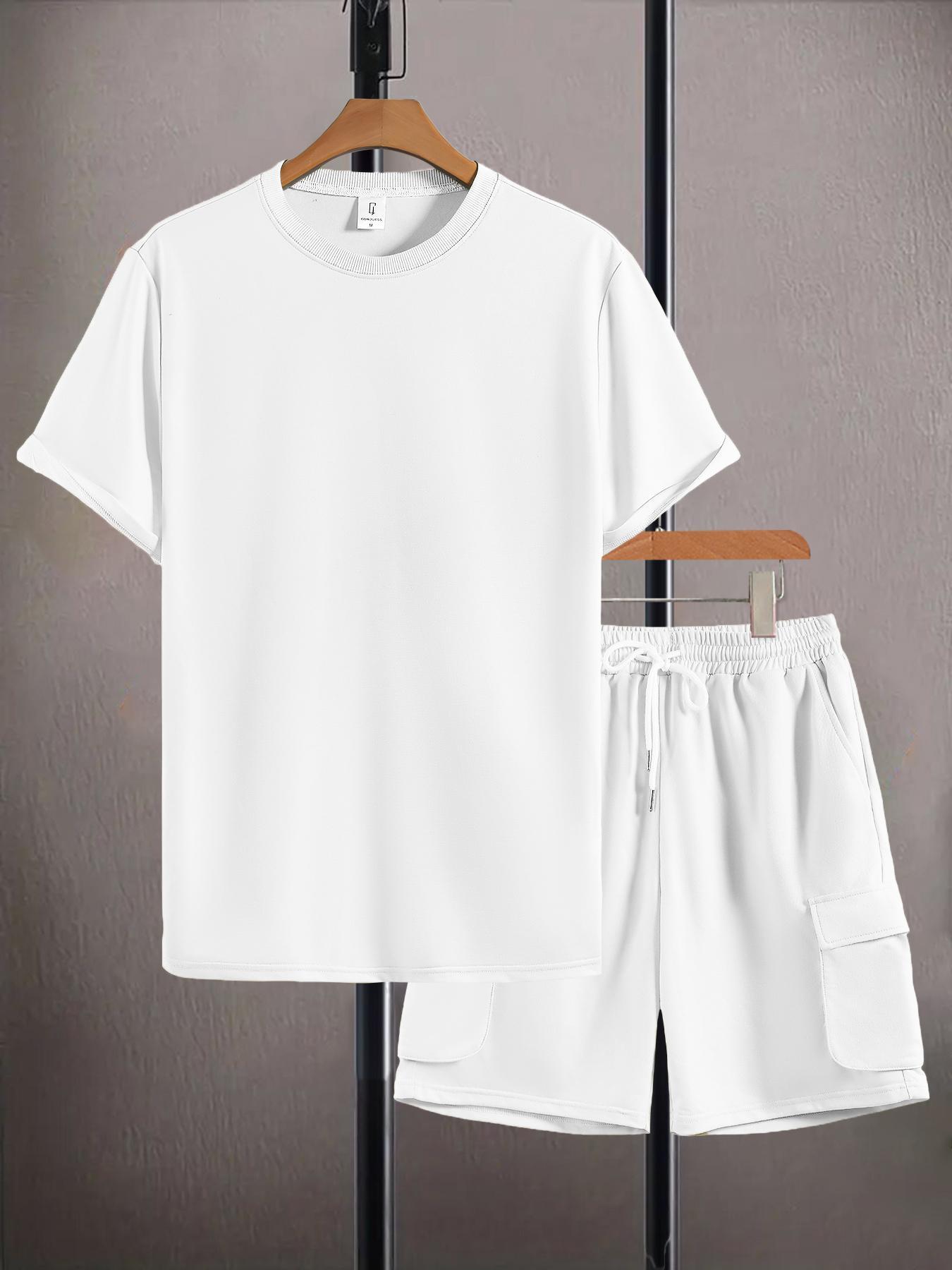 Men's Solid Color Tee & Drawstring Waist Shorts Loungewear, Casual Comfy Round Neck T-shirt & Pocket Shorts Pj Set, Men's Sleepwear for Summer, Pajama Set