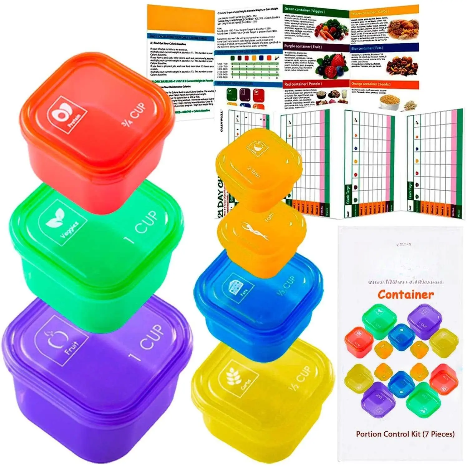 Portion Control Container and  Plan - 21 Day Portion Control Container Kit for  - 21 Day Tally Chart with e-Book (7 Labeled Pcs)