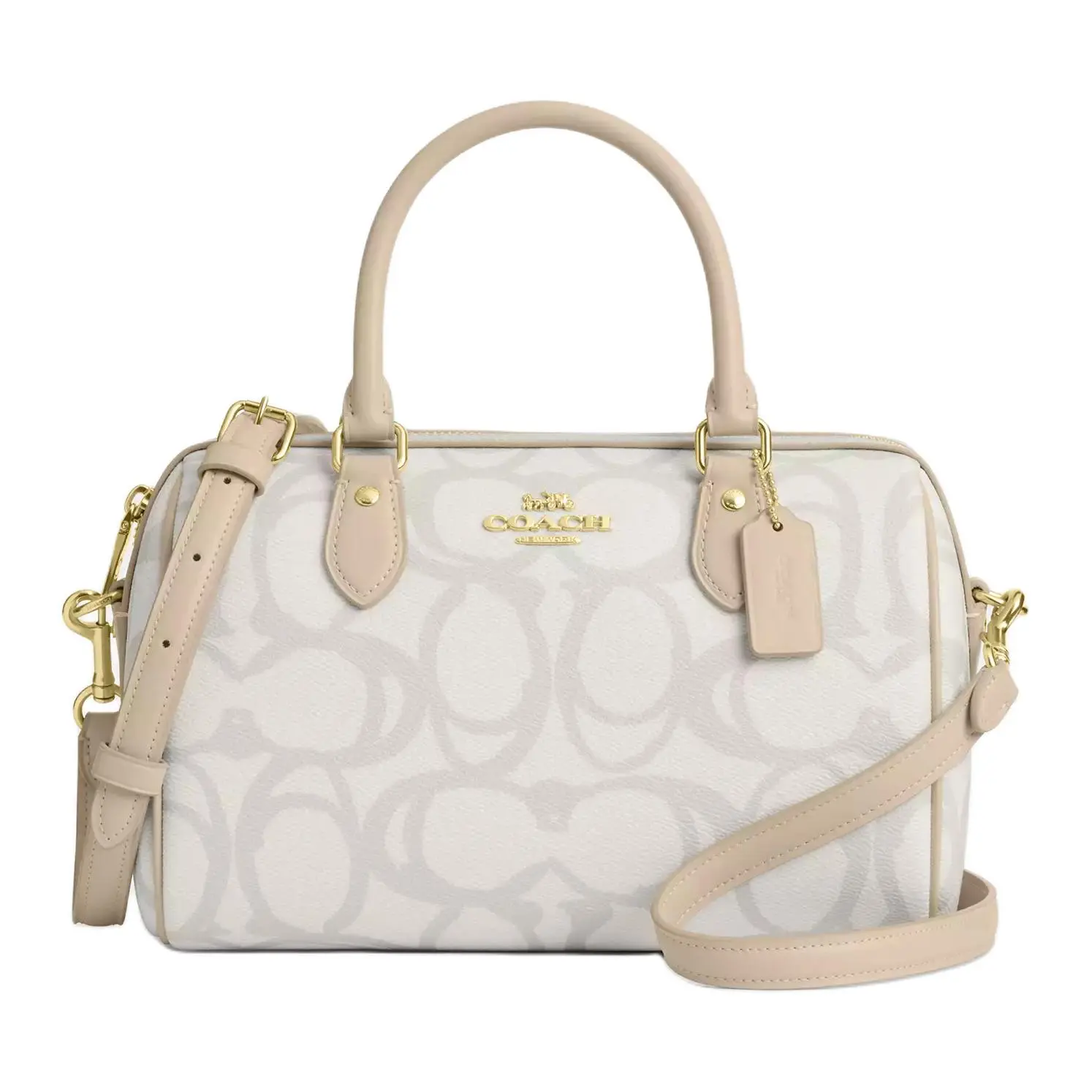 Coach Rowan Satchel 25 Handbag for Women, Metallic Logo Coated Canvas, Ivory