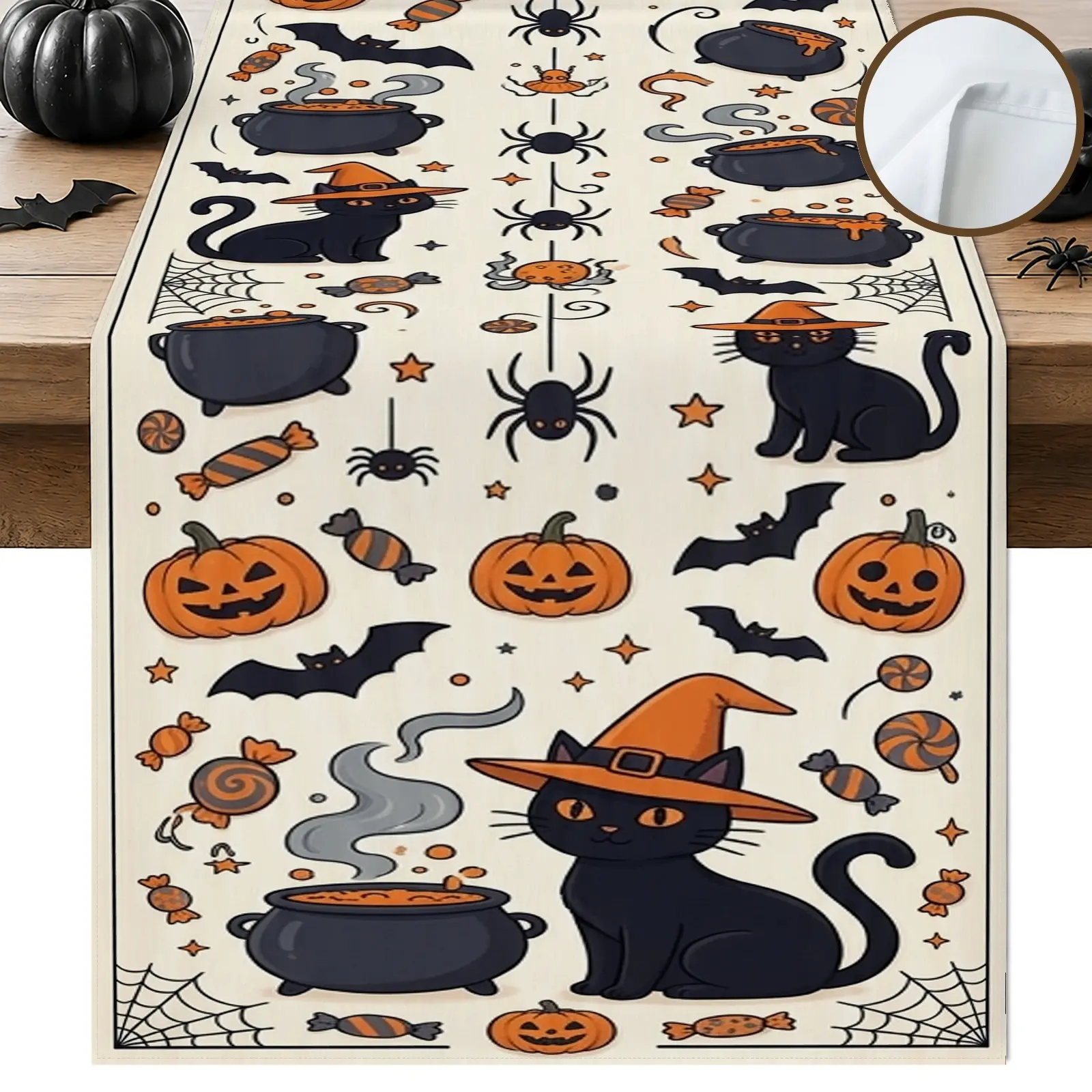 1pc Black Cat Pumpkin Spider Table Runner, Halloween Cute Style, Repeating Pattern with Seasonal Graphics, for Dining Table Halloween Party Home Decor Fall Decor