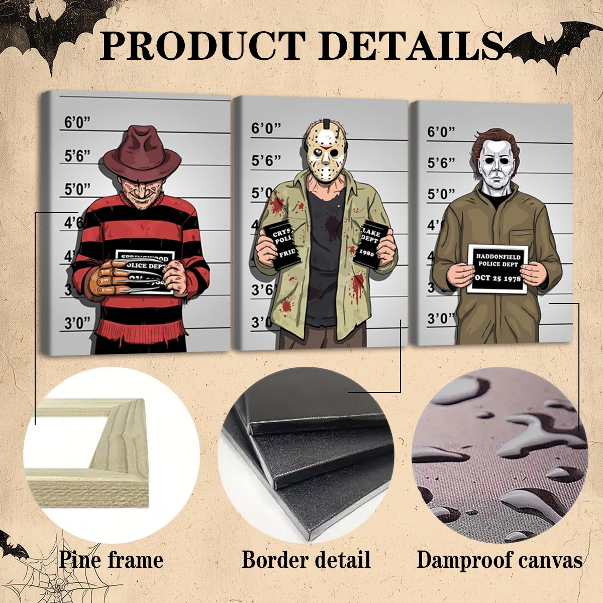 3 Counts Wooden Framed Canvas, Interesting Horror Movie Characters, Halloween Home Poster, Halloween Party Decorations, Living Room And Bedroom Hanging Paintings, Horror Theme, Interesting Posters, Exquisite Gifts, High-Definition Art, Wooden Wall Art
