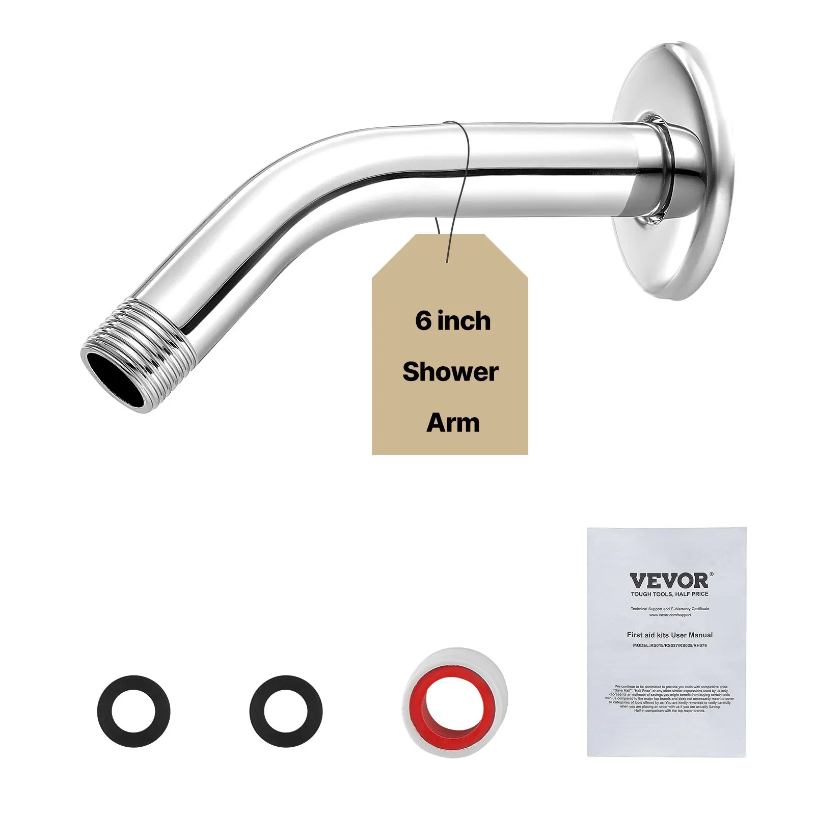 VEVOR 6-inch Wall Mount Stainless Steel Shower Arm Extender, Chrome Finish, G1/2 Universal Thread Connector, PTFE Tape, 10 lbs (5 kg) Capacity, Detailed Manual, Rust Resistant, for Fixed Handheld Showerheads (Creates Spacious Shower Area), Fits Showerhead