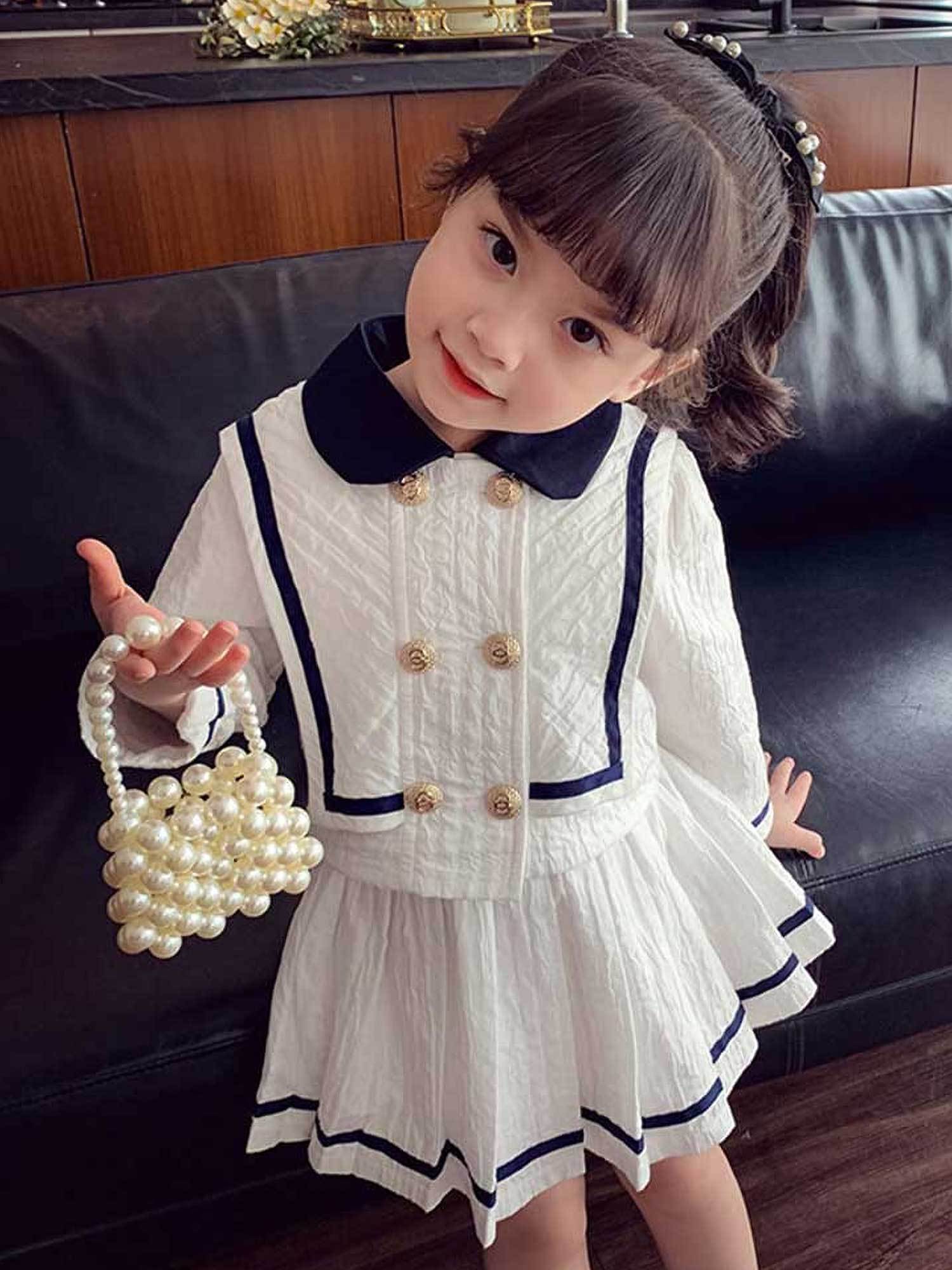 Girls' Exquisite Little Chic Suit Dress |         White Short - Style Golden - Buttoned Coat Matched with Pleated Skirt, Navy Blue Trim, Elegant Temperament, Fashionable and Sweet Two - Piece Set for Little Girls,