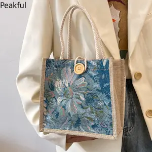 Vintage Oil Painting Floral Linen Handbag, Wear-resistant jute edging boosts durability, lightweight portable build, perfect for short campus classes, weekend park stroll and daily cosmetic storage