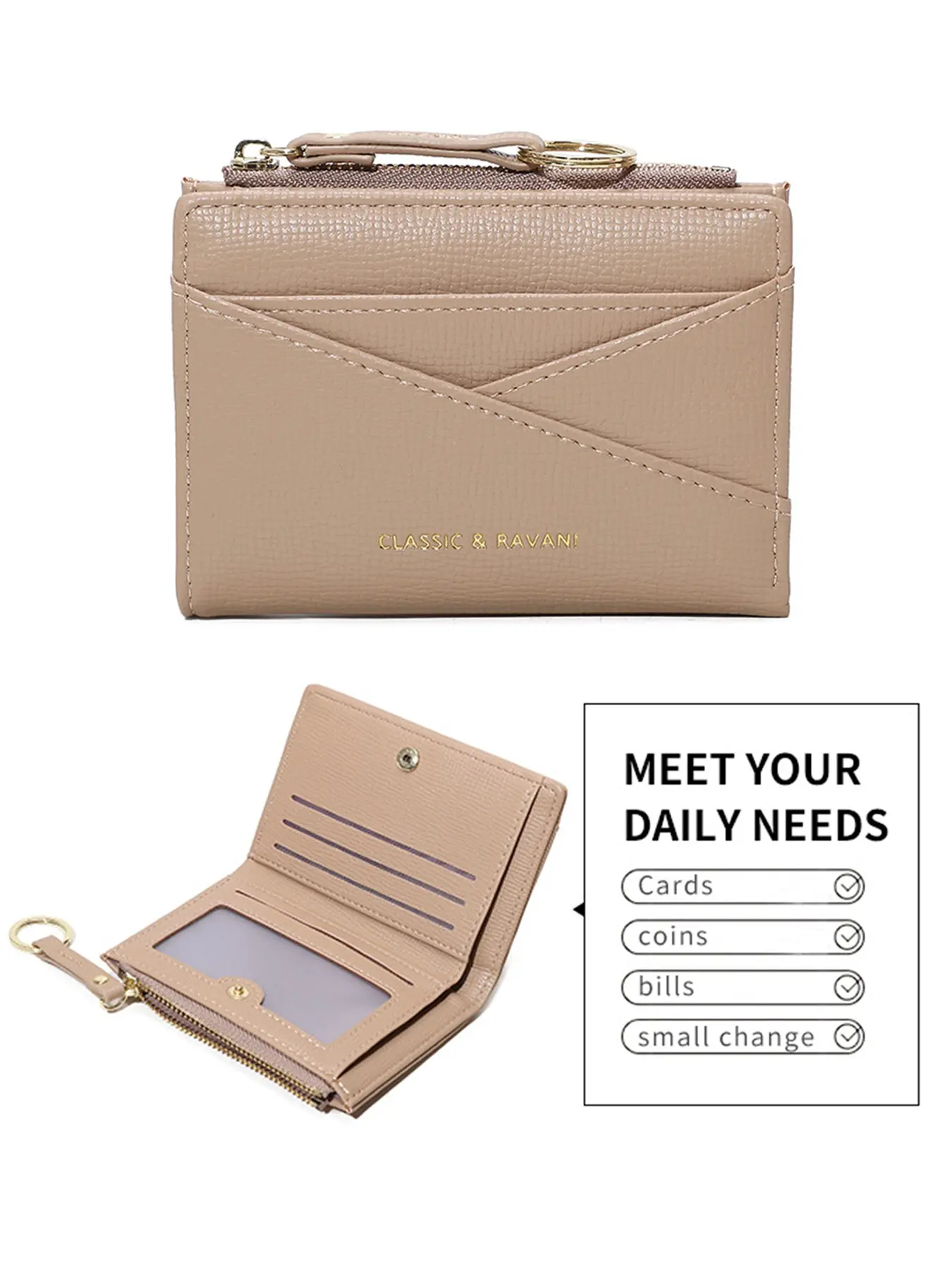 Women's Compact Bifold Wallet, PU Leather Mini Card Holder with Key Ring, Multiple Slots Zip Coin Purse, Credit Card and Cash Pocket Wallet, Multi Functional Wallet